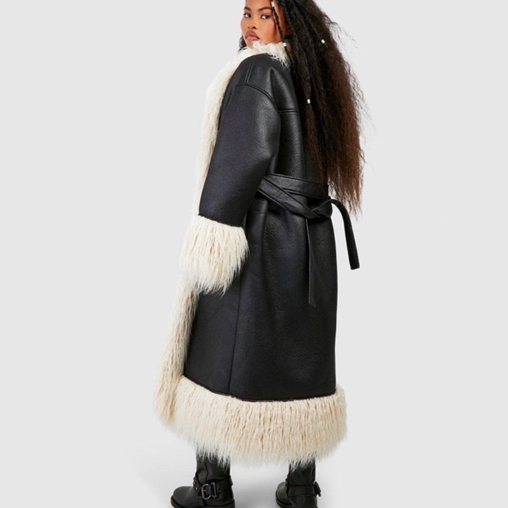 Boohoo Black Long Jacket with Cream Faux Fur Trim Penny Lane - Picture 9 of 9